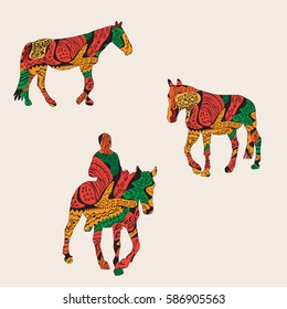 Set of silhouettes of three  horses, one horse and rider, coloration pattern different colors