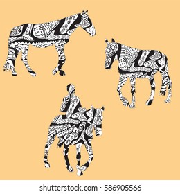 Set of silhouettes of three horses, one horse and rider, coloration pattern black and white