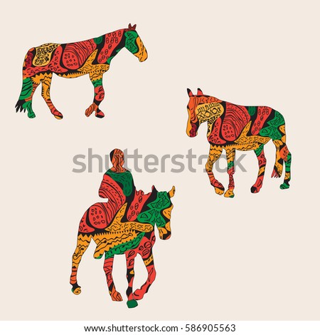 Set of silhouettes of three  horses, one horse and rider, coloration pattern different colors