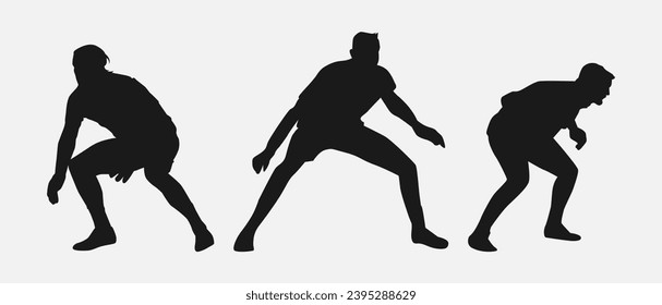 Set of silhouettes of three male goalkeepers posing standing ready to catch the ball. Isolated on white background. Vector illustration.