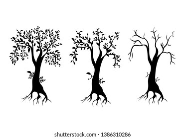 set of silhouettes of three trees on a white background. Vector illustration