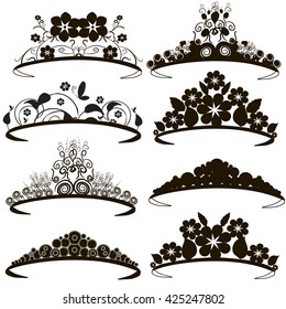 Set of silhouettes of tiaras of various shapes on a white background, vector