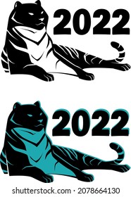A set of silhouettes of the tiger symbol of the new year 2022. Happy new year of the black water tiger in the oriental calendar. Stock vector illustration