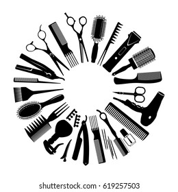 set of silhouettes of tools for the hairdresser in a circle