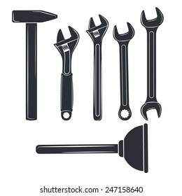 Set  silhouettes of tools. Open-end, adjustable wrench, spanner, hammer, plumbing plunger.