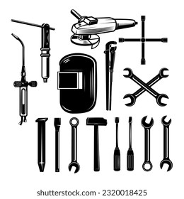 Set silhouettes of tools. Open-end wrench, adjustable wrench, spanner, hammer