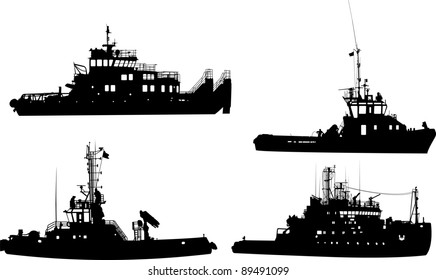 Set of silhouettes of towboat