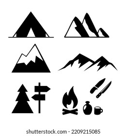 set of silhouettes. Travel Event. Camping vector logo template. Tourist tent, forest, camp, trees