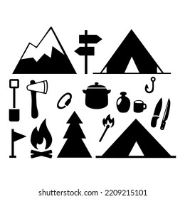 set of silhouettes. Travel Event. Camping vector logo template. Tourist tent, forest, camp, trees