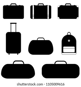 A set of silhouettes of travel types of bags . Set of bags for men and women. Luggage. Suitcase, backpack, bag on wheels, travel bag