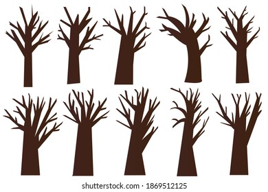 Set of silhouettes of tree, branch and twig. Black tree isolated on white background. Silhouette vector illustration.