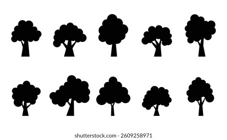 Set of silhouettes tree. evergreen forest black shapes. black set of trees. wild nature trees templates