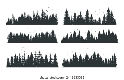 set of silhouettes of trees	