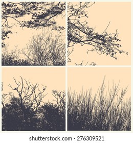 set of silhouettes trees, branches and bush. detailed vector illustration