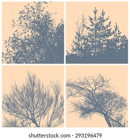 set of silhouettes trees, branches and bush. detailed vector illustration