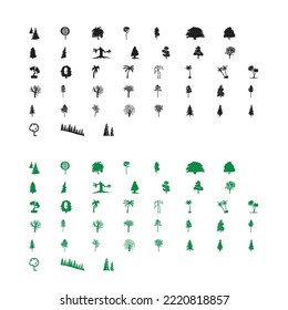 Set of silhouettes of trees, bushes and grass vector set of tropical palm and tree silhouettes. EPS Trees set silhouette. Coniferous forest. Isolated tree on white background