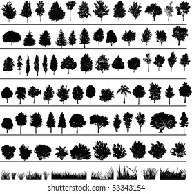 Set of silhouettes of trees, bushes and grass
