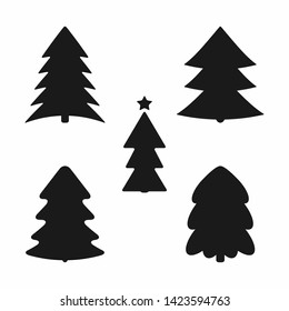 Set of silhouettes of trees. Collection of black icons, symbols, logos. Vector illustration.
