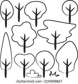 Set of silhouettes of trees. Doodle drawing cartoon vector. For decoration and painting for kids.