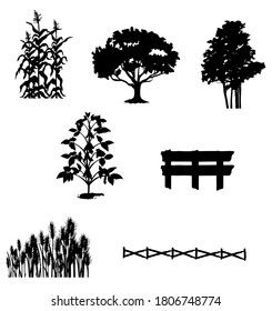 conjunto de siluetas de árboles de la granja
