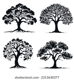 Set of silhouettes of trees with foliage