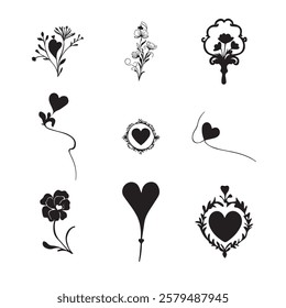 set of silhouettes of trees and hearts