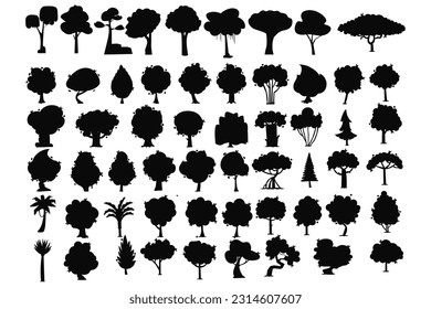 set of silhouettes of trees isolated on white background