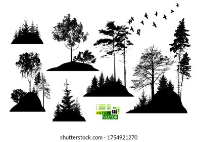 A set of silhouettes of trees. Set of landscapes with hills. Vector illustration
