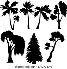 set of silhouettes of trees palm trees oaks and willow