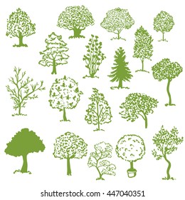 Set of silhouettes of trees. vector illustration, sketch. 