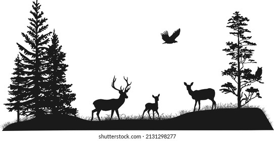 Set of silhouettes of trees and wild forest animals. Deer, fawn, doe, owl, bird of pray. Black and white hand drawn illustration. 
