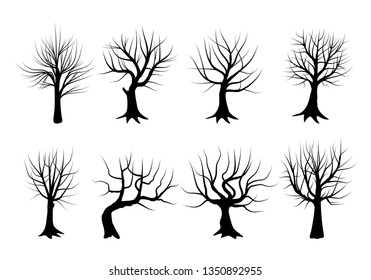 Set of silhouettes of trees in winter, stripped of their leaves. Vector illustration. Ideal for use in landscapes or themes about nature.