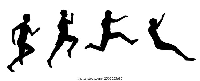 set of silhouettes of triple jump, long jump different pose, gesture. batter. isolated on white background. vector illustration.