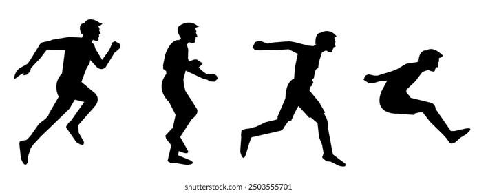 set of silhouettes of triple jump, long jump different pose, gesture. batter. isolated on white background. vector illustration.