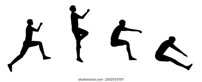 set of silhouettes of triple jump, long jump different pose, gesture. batter. isolated on white background. vector illustration.