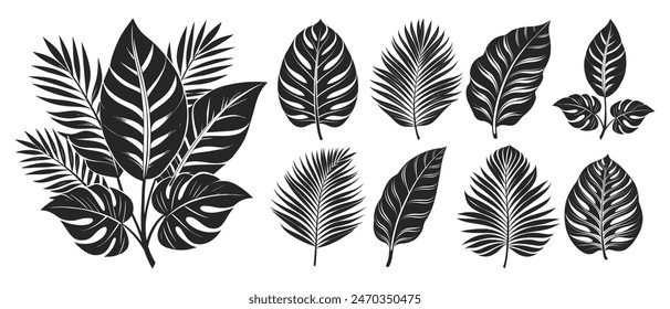 Set of silhouettes of tropical leaves and bouquets. Summer cover template. Design elements collection