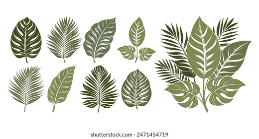 Set of silhouettes of tropical leaves and bouquets. Summer cover template. Design elements collection