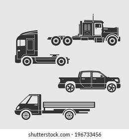 Set of silhouettes of trucks. Depicted prototypes nonexistent cars