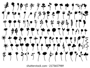 a set of silhouettes of twigs with leaves and flowers. hand-drawn in doodle style large collection of twigs and flowers with leaves dots curls black silhouettes on white for a natural design template