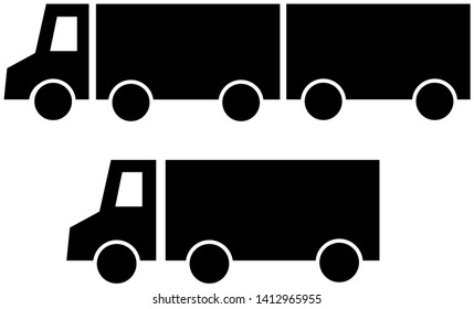 A set of silhouettes of two black trucks,a lorry, a trailer tractor. Vector icon flat simple cartoon style