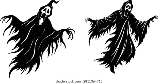 Set of silhouettes of two ghosts, isolated on white background. Vector illustration of spooky specters for Halloween design.