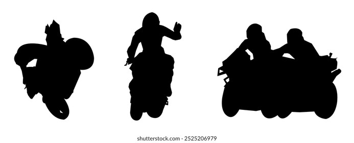 Set of silhouettes of two motorbike racers. Win the race. Isolated on white background. Vector illustration.