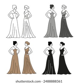 Set of silhouettes of two women in evening cocktail ballroom long dress with graceful figures