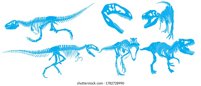 Set of silhouettes of tyrannosaurus rex dinosaur in different poses in isolate on a white background. Vector illustration.