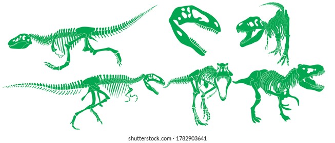Set of silhouettes of tyrannosaurus rex dinosaur in different poses in isolate on a white background. Vector illustration.