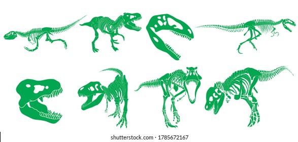 Set of silhouettes of tyrannosaurus rex dinosaur in different poses in isolate on a white background. Vector illustration.