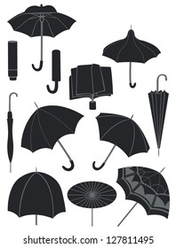 A set of silhouettes of umbrellas
