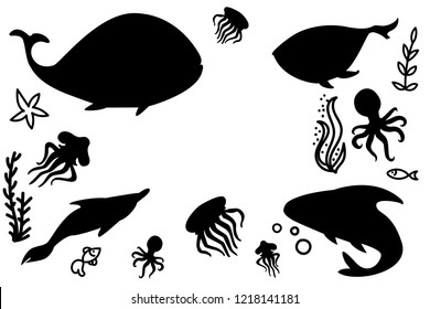Set of silhouettes of underwater creatures on white background