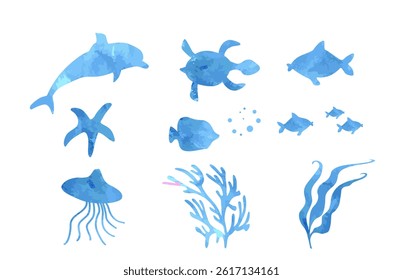 Set silhouettes of underwater world. Watercolor silhouettes