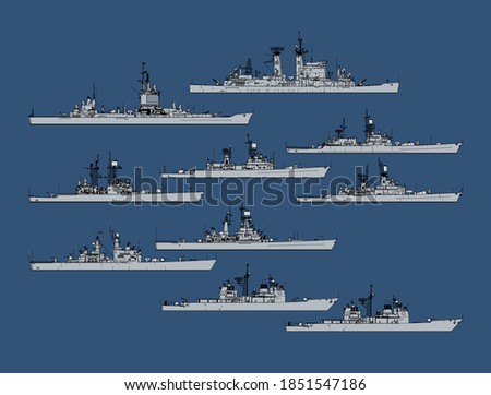 Set of silhouettes of us navy guided missile cruisers. Vector image for illustrations.